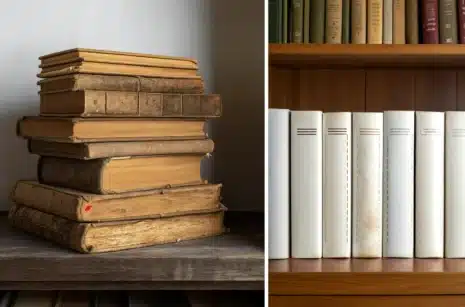 a stack of old books vs new books